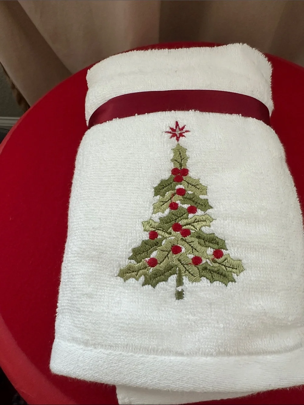 Signature White Towel with Green Embroidered Christmas Tree and Red Accents